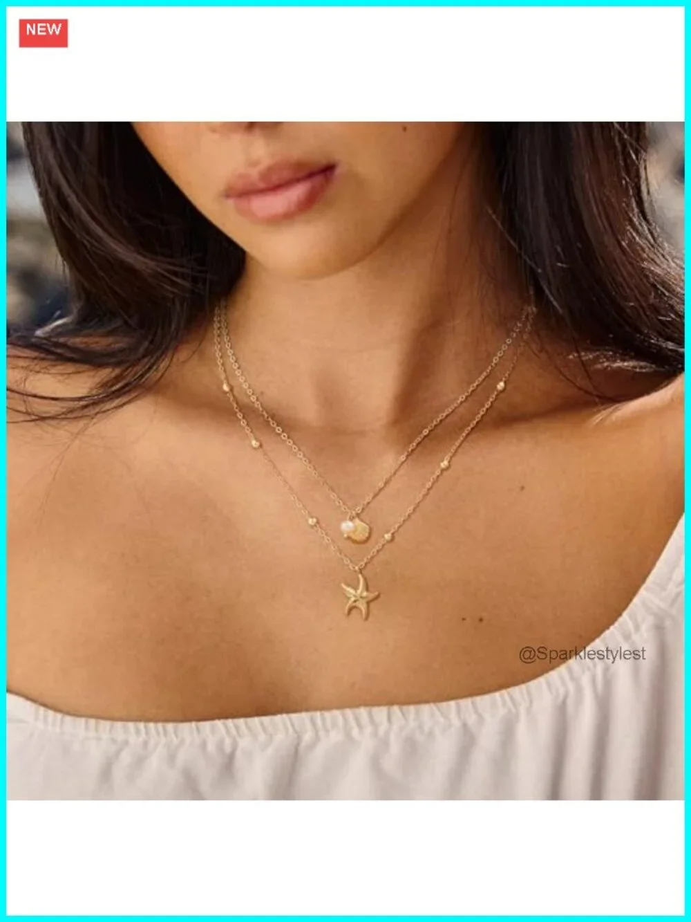 14K Gold Plated Layered Seashell Starfish Pearl Necklace